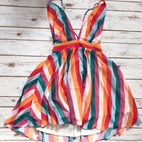 New Summer Rainbow Striped Plunge Mini Dress - Picture 11 of 14